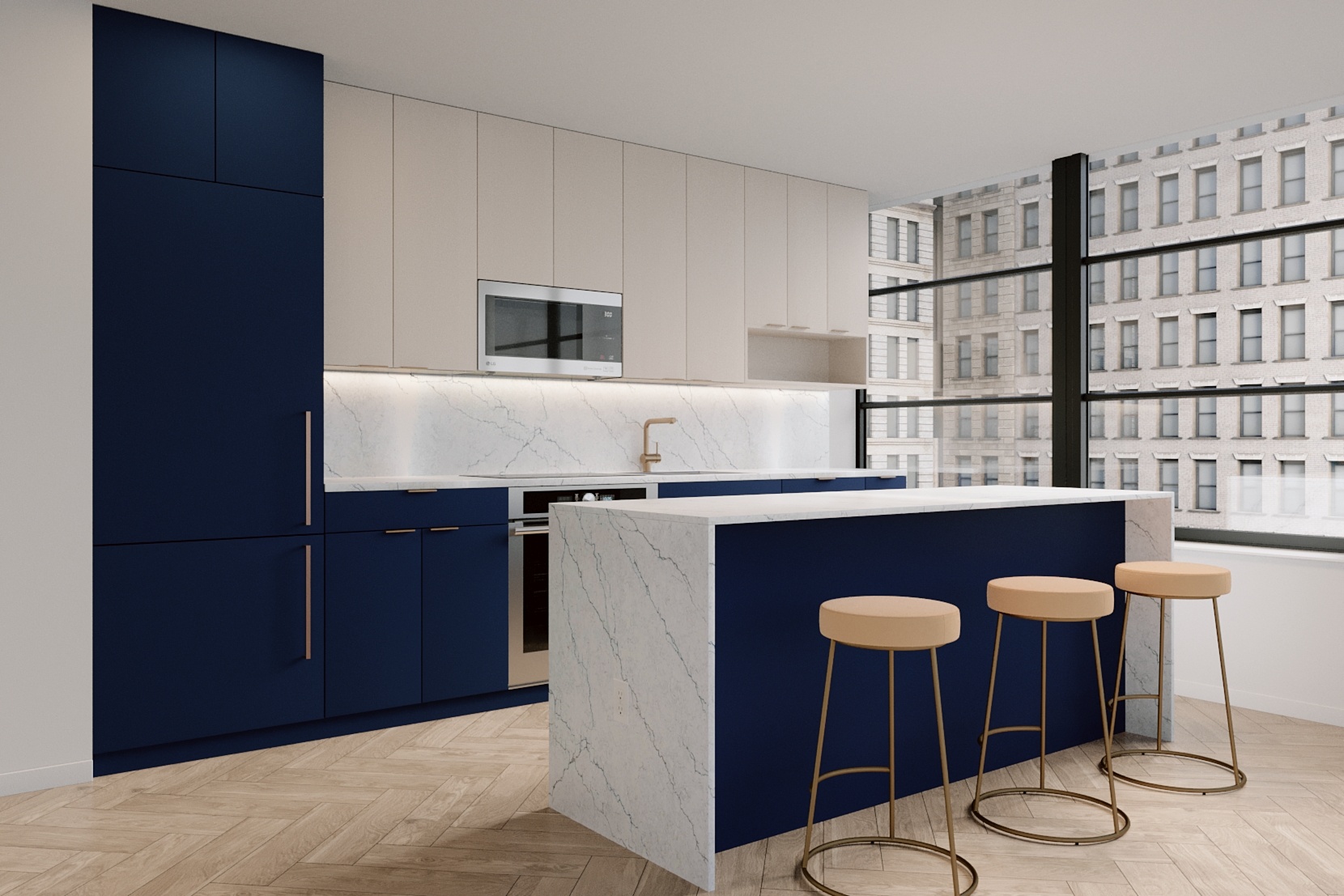 Kitchen with marble countertops at a rental residence at Quincy apartments in Midtown NYC.